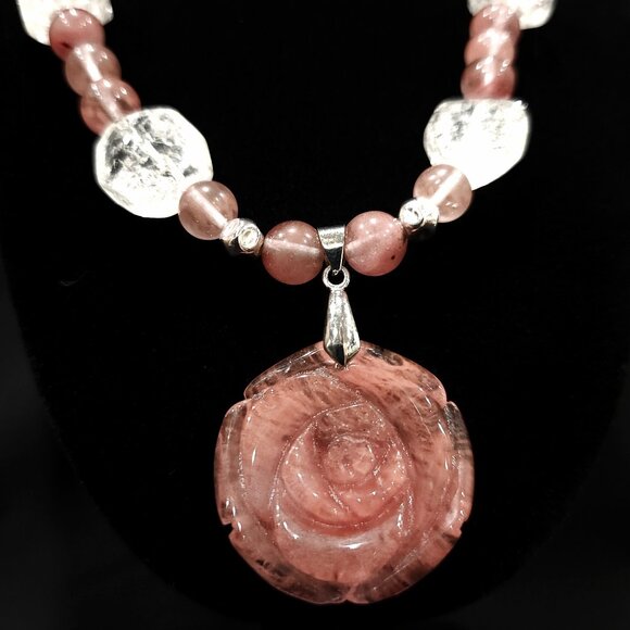 Hand Crafted Cherry Quartz Beads and Carved Cherry Quartz Pendant Necklace - Picture 3 of 9